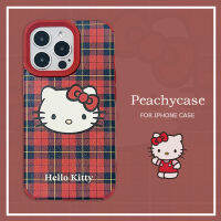 เคสโทรศัพท์ลายตาข่ายสีแดง Hello Kitty ที่น่ารักใช้งานได้กับ iPhone 15 14 13 12 Pro Max 11 15Promax TPU รูใหญ่ฝาหลังเคสมือถือทนต่อแรงกระแทก