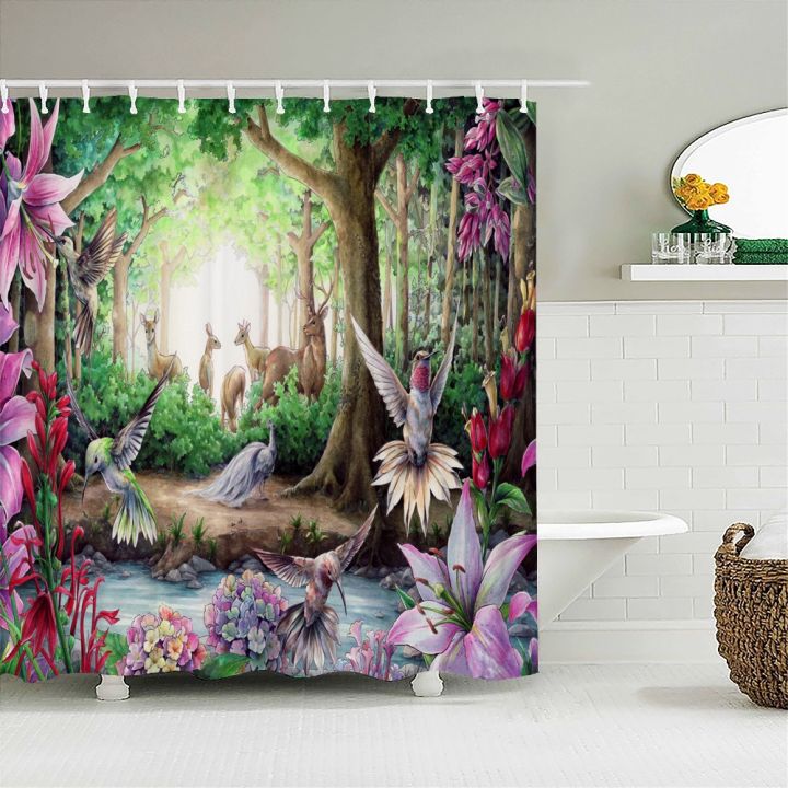 flowers-birds-butterfly-shower-curtain-3d-bath-screen-waterproof-fabric-bathroom-home-decor-tropical-plant-shower-curtains-ba-o