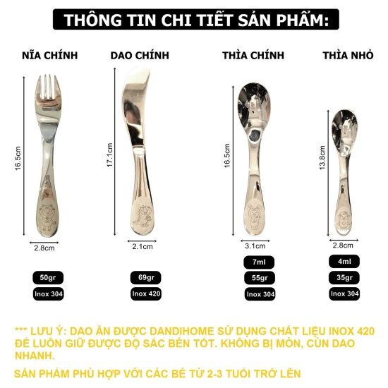 Bộ dao thìa nĩa tập ăn cho bé dandihome inox 304 cao cấp - có các lựa chọn - ảnh sản phẩm 2