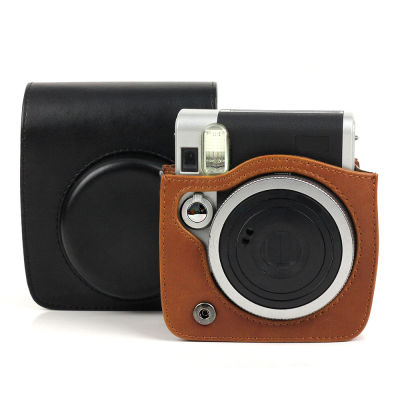 เคสกล้องจิ๋วเนื้อนิ่มแบบย้อนยุคอุปกรณ์สวมครอบพร้อมสายคล้องไหล่กระเป๋าหนัง PU สำหรับ Instax Mini90