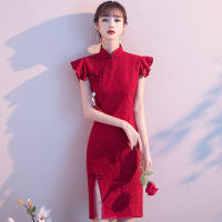 ชุดขนมปังเจ้าสาว cheongsam ที่ปรับปรุงใหม่ 2023 ใหม่ฤดูร้อนย้อนยุคเซ็กซี่สีแดงชุดสาวสั้น ~