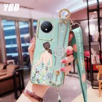 YBD เคสโทรศัพท์สายรัดยึดข้อมือดีไซน์ใหม่ Y02A Y02เคสสำหรับ Vivo Y02T 4G เคสชุบแม่นยำเคสป้องกันกล้องลายสาวสวยเคสมือถือ