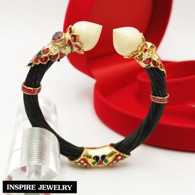 Inspire Jewelry ,กำไลหางช้าง สีดำ ประดับหัวบัวกระดูกช้าง ตัวเรือนขึ้นเงินแท้ 92.5% ชุบทองลงยา ฝังพลอยพม่าแท้ เป็นเครื่องประดับมงคล