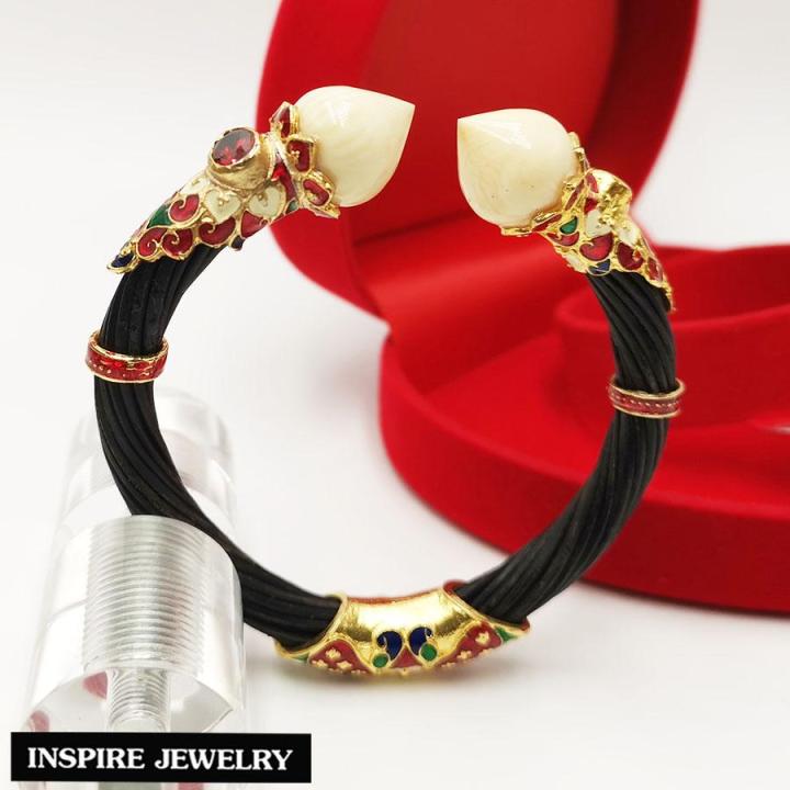 inspire-jewelry-กำไลหางช้าง-สีดำ-ประดับหัวบัวกระดูกช้าง-ตัวเรือนขึ้นเงินแท้-92-5-ชุบทองลงยา-ฝังพลอยพม่าแท้-เป็นเครื่องประดับมงคล