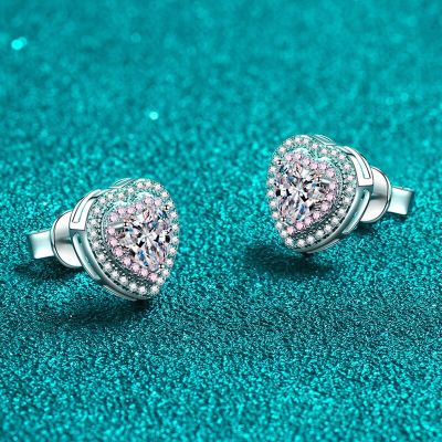 Smyoue White Gold Plated 0.5ct Heart Cut Moissanite Studs Earring for Women Pink Wedding Jewelry S925 Sterling Silver Wholesale