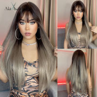 ALAN EATON Long Straight Synthetic Wigs for Women Ombre Dark Brown Wigs with Bangs Cosplay Daily Party Heat Resistant Fiber