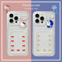 เคสลายการ์ตูน Hello Kitty Doraemon 3IN 1ช่องเสียบการ์ดโทรศัพท์สำหรับ iPhone 14 Plus 13 12 11 Pro Max Xr Max Xr X 8 7 6ด้านหลังโปร่งใส TPU เคสกันกระแทก