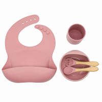 5 Pcs Baby Silicone Bib Cup Suction Bowl Spoon Fork Set Training Feeding Food Dinner Plate Dish Utensil Tableware Kit