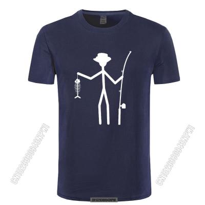 Cool Funny T-Shirt Men High Quality Tees Mens Fisherman Stick Figure Holding Fish Bones Cotton Stylish Chic T Shirts