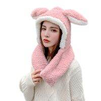 Movable Rabbit Ear Hat w Scarf 2 in 1 Furry Hoodies Hat Sweet Headband for Women Teen Girls Windproof Combo Q5WE