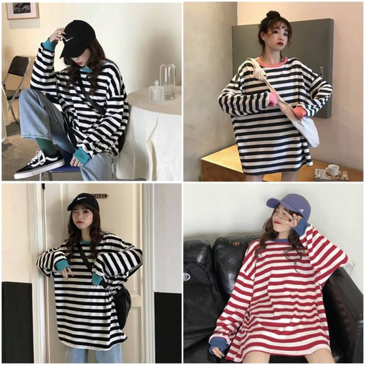 famkil-เสื้อแขนยาว-เสื้อกันหนาว-ลายขวาง-จั๊มปลายแขน-ไสตล์oversize