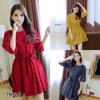 P8248 เดรสสั้นแขนศอกกระโปรงจีบ + สายผุกเอว  Short dress with elbow sleeves, pleated skirt + ruffled waistband