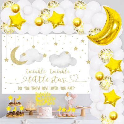 Jollyboom Dekorasi Baby Shower Twinkle Little Star กระพริบตาจี้ดวงจันทร์อุปกรณ์ทำพวงมาลัยบอลลูนสีขาวลูกโป่งฟอยล์กระพริบอุปกรณ์ของตกแต่งหน้าเค้กฉากดาว Twinkle Little Star