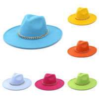 ห่วงโซ่โลหะที่มีสีสันปีกใหญ่ Fedora หมวกลำลองผู้ชายผู้หญิงแฟชั่นรู้สึกหมวกสีขาวสีแดงสีชมพูปานามา trilby อย่างเป็นทางการพรรคหมวก.