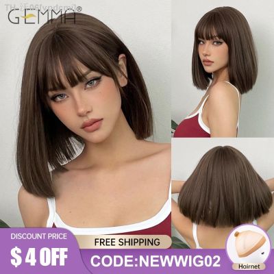 GEMMA Dark Brown Bob Synthetic Natural Hair Wig with Fluffy Bangs for Women Short Straight Wigs Heat Resistant Daily Cosplay Wig [ Hot sell ] vpdcmi