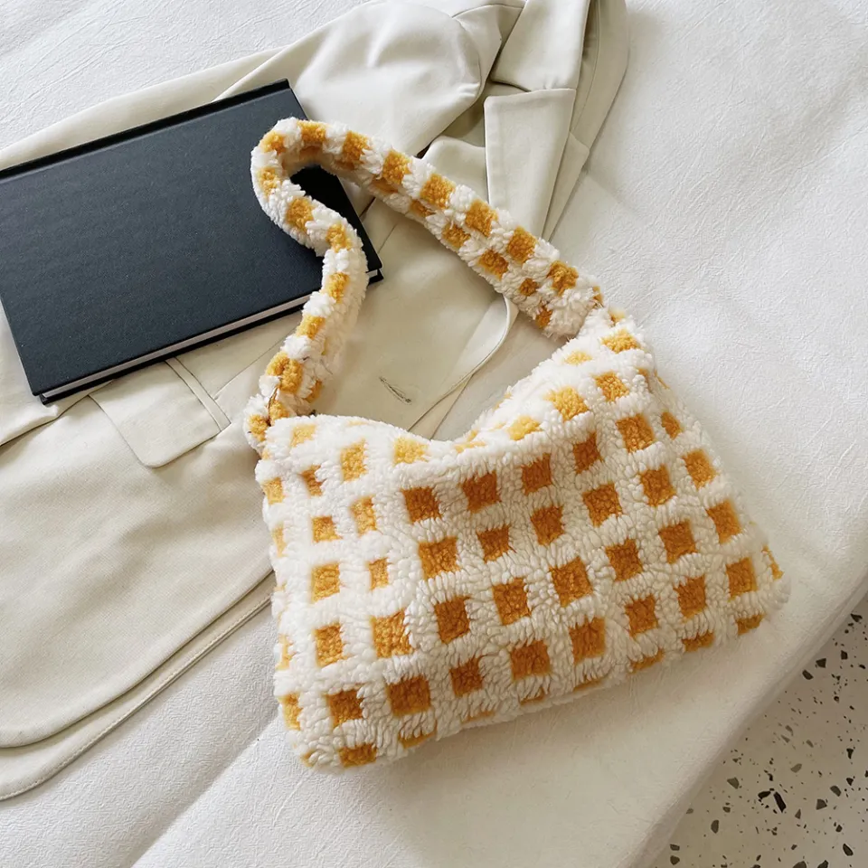 Plush Bag Winter Soft Fluffy Shoulder Bag Women Checkerboard Print