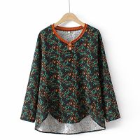 【มีไซส์ใหญ่】Plus Size Womens Round Neck Cotton&amp;Linen Shirts Oversized A-line Vintage Floral Printed Muslimah Fashion Tops