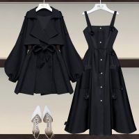 Spot parcel post plus Size Womens Clothing Autumn Suit Women 2022 New Slim Fit Slimming Mid-Length Waist Trimming Trench Coat Suspender Skirt Two-Piece Set