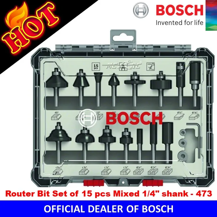 Bosch Router Bit Set of 15 Pcs Mixed 1/4" shank 473 Lazada PH