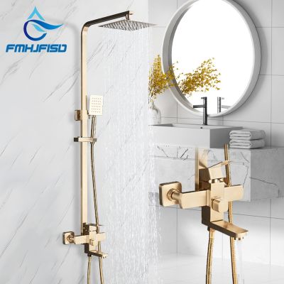 Brushed Gold Bathroom Shower Faucet Set Brass Bath Faucet Rainfall Shower Head Wall Mounted Bathtub Shower Mixer Tap System
