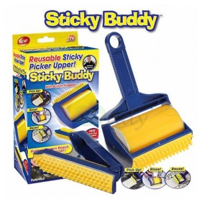 ลูกกลิ้งทำความสะอาดอเนกประสงค์ Sticky Buddy สามารถใช้ได้กับทุกพื้นผิวที่แห้ง  หัวแปรงหนามใช้ในการกวาดสิ่งสกปรกที่อยู่ลึกตามพรม