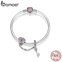 BAMOER Genuine 925 Sterling Silver Love Key Heart Shape Bracelets Bangles for Women Purple Zircon Valentine Gift Jewelry SCB820