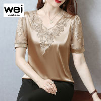 WEISHIBLUE 2022ฤดูร้อนใหม่หลวมผ้าไหมหม่อนเสื้อ M-4XL แขนสั้นลูกไม้ Patchwork Tops ผู้หญิงเสื้อซาติน