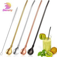 DEOUNY 4PCS Spoon Straws Stainless Steel Drinking Spoon Straws Reusable Metal Cocktail Spoons Straws With Long Cleaning Brush Specialty Glassware