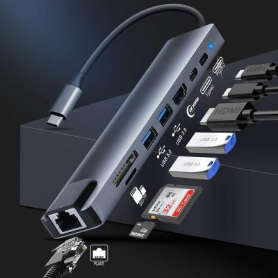 8ใน1 USB ฮับ C รางช่องยูเอสบีชนิด C แท่นวางมือถือด้วย PD RJ45อีเธอร์เน็ต4K HDMI Tf/ แผงขยายสัญญาณ Macbook Air /Pro แล็ปท็อป Feona