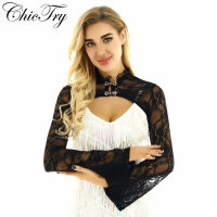 Elegant Womens Vintage Stand Collar Flared Sleeves See Through Sheer Floral Lace Crop Top Form Fitting Shrugs For Formal Party