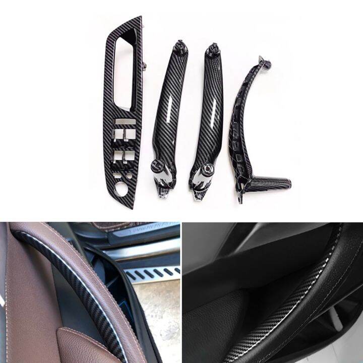 4ชิ้นภายในรถหน้าต่างลิฟท์สวิทช์แผงมือจับประตูดึงปกตัดสำหรับ-bmw-e71-e72-x5-x6-2007-2014คาร์บอนไฟเบอร์