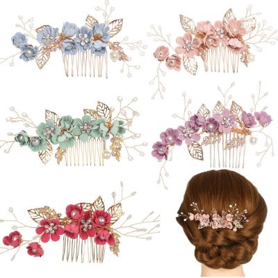 【CW】 Fashion Luxury Hair Combs Headdress Prom Bridal Wedding Pink Accessories Gold Leaves Jewelry