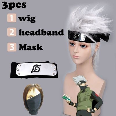 3PCS Anime Ninja Cosplay Wig /Headband/Mask Hatake Kakashi Short Layered Silver Grey Wig Heat Resistant Hair Cosplay Costume