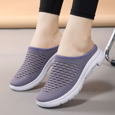 ORNGMALL รองเท้าผู้หญิงน้ำหนักเบา,รองเท้าส้นแบนรองเท้าแตะบ้านนุ่มรองเท้าฤดูร้อนสีดำลำลองระบายอากาศตาข่ายรองเท้าขี้เกียจ35-42