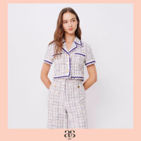 [asv ss23] Renata Cropped Pyjama Shirt เสื้อเชิ้ตผู้หญิง ทรงครอป คอปกเชิ้ต แขนสั้น แต่งกระเป๋าหน้า แต่กุ๊นผ้าซาติน ชายแต่งพู่  แต่งกระดุมทอง ผ้าทวีต