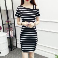 New Korean styleOff shoulderStripe Long Tee short sleeve bodycon blouse