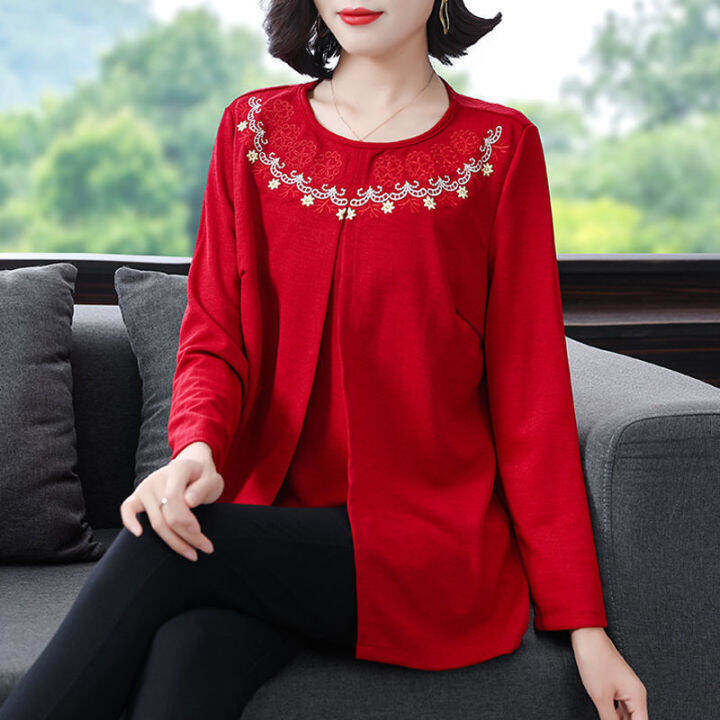 เสื้อยืดแขนยาวขนาดใหญ่-เสื้อสตรีวัยกลางคนและผู้สูงอายุเสื้อปักลายปานกลางและยาว