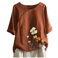 Vintage Blusas Woman Plus Size Flower Printing Button Half Sleeve Womens Blouse And Tops Round Neck Pullover Shirts Camisas 2023