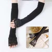 Women Anti-sunburn Sleeve Summer Lace Gloves Long Fingerless Elastic Sleeve Sunscreen Driving Gloves Solid Color Arm Sleeve Sleeves