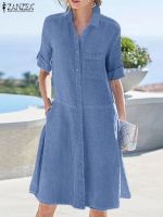 【HOT】☊ ZANZEA Fashion A Dresses Lapel Neck Shirt Half Sleeve Buttons Vestido Causal Robe Loose Sundress