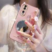 เคสโทรศัพท์มือถือเคสสำหรับ Honor หรูหรา90 Lite X8a X9a 90Pro X7a Magic5 Pro 5G 4G เคสมือถือชุบสไตล์หญิงสาวแฟชั่นแฟลชเจาะกระจกแต่งหน้าพร้อมสร้อยข้อมือนิ่ม TPU เคสป้องกัน