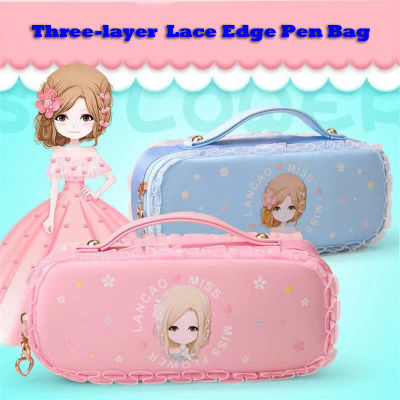 INS Handheld Three-layer Large Capacity Lace Edge Pen Bag Girls Stationery Box Cute School Student Stationery Bag Pencil Case Pen Case