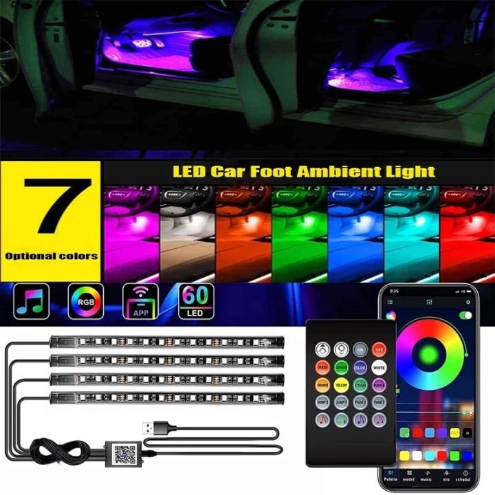8 Lamps 1 Controller Wireless Adhesive LED Car Interior Ambient Light  Remote Control Decoration Auto Roof Foot Atmosphere Lamp With Button  Battery Colorful