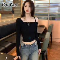 Du Yan เสื้อยืดเปิดไหล่ดีไซน์ใหม่ผ้าฝ้ายบริสุทธิ์ความต้องการที่บริสุทธิ์เสื้อยืดด้านนอกกระชับสัดส่วนหวานๆสำหรับผู้หญิงฤดูใบไม้ร่วง