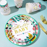 Hello Baby Theme Party Baby Shower Gold Green Leaves Disposable Tableware Set Birthday Party Gender Disclosure Decorations