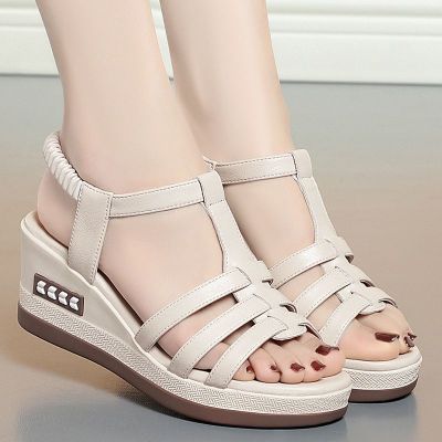 Leather Casual Sandals Height Increasing Comfortable Roman Shoes Womens Cross Wedge Soft Bottom Peep Toe Shoes