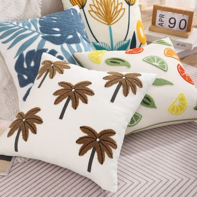 Embroidered Pillow Case Summer Cactus Lemon Dandelion Palm Tree Cotton Cushion Cover for Home Decoration 45x45cm Living room