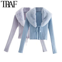 TRAF Women Fashion With Tie Faux Fur Fitted Crop Knit Cardigan Sweater Vintage Long Sleeve Female Outerwear Chic Tops