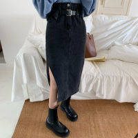 Black split denim skirt Korean street style spring ladies midi skirt