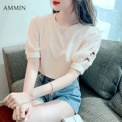 AMMIN เสื้อสตรีปักลายลูกไม้แขนสั้น,เสื้อคอกลมแฟชั่นสไตล์เกาหลีเสื้อชีฟองแขนโคมไฟปักลายโบว์หวานๆสไตล์เกาหลีเสื้อผู้หญิง Ins ฤดูร้อนปี2022
